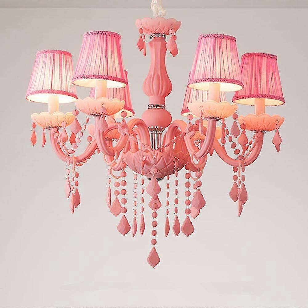 Modern LED Ceiling Light Chandelier with Pink Crystal, Energy Saving, 6 Lights for Bedroom