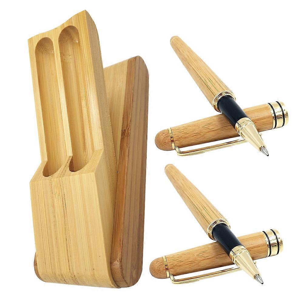 Bamboo Fountain Pen Set with Dual Pens and Folding Case for Writing Brown Color Lightweight and Portable 2 Pens