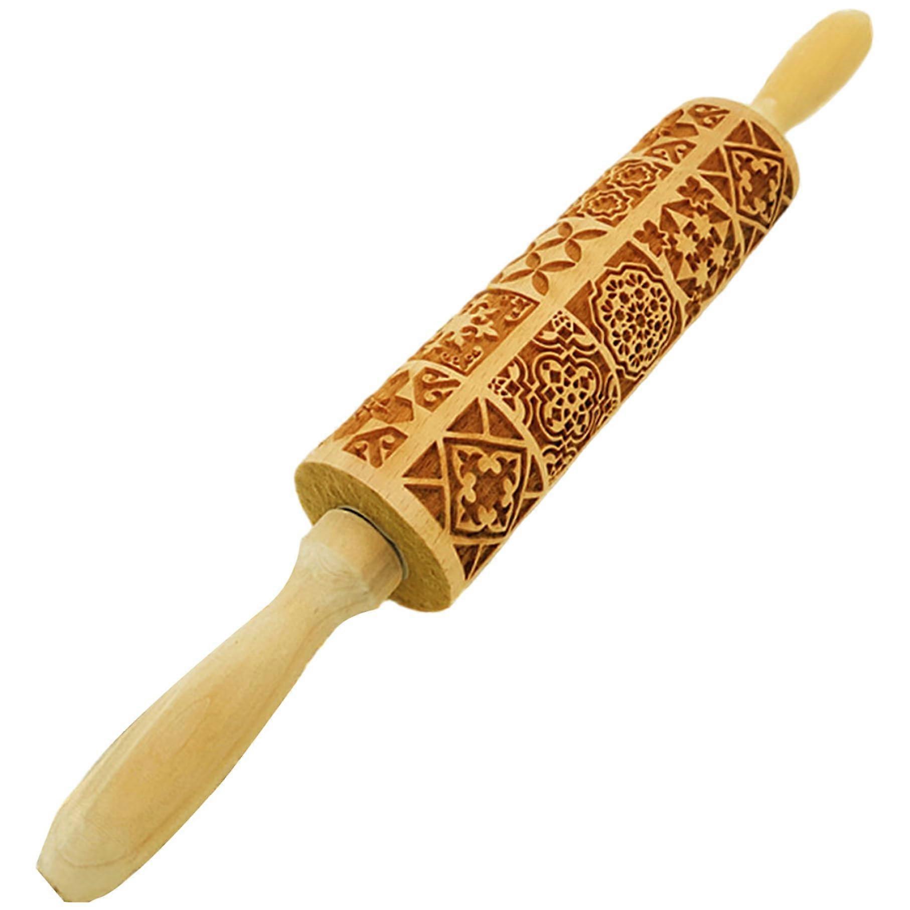 Embossed Rolling Pin with Festive Christmas Design, Wooden Engraved Cookie Tool for Holiday Baking