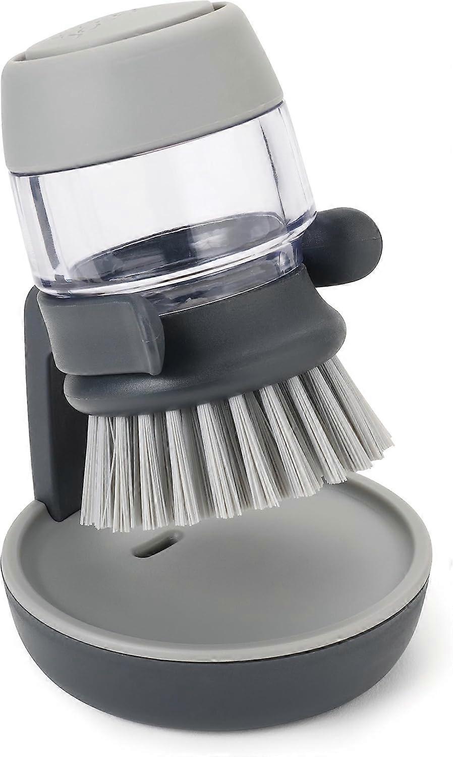 Refillable Soap Dispensing Cleaning Washing Up Kitchen Brush with Storage Stand Holder, Grey