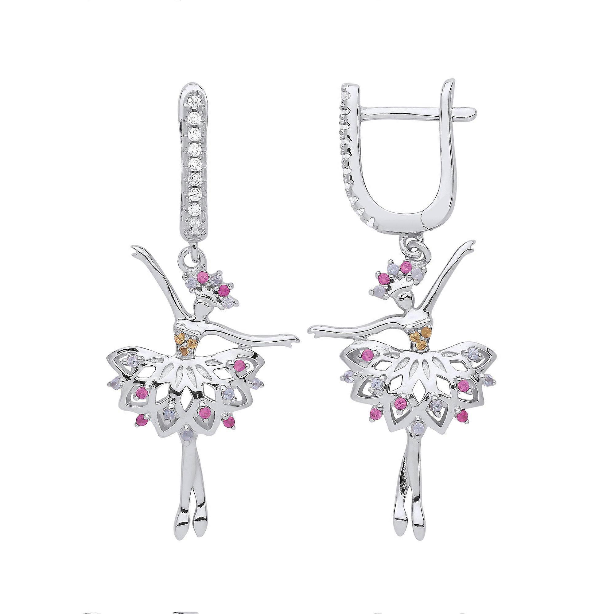 Jewelco London Ladies Sterling Silver Yellow Pink Lilac Cubic Zirconia Ballerina Ballet Dancer Drop Earrings
