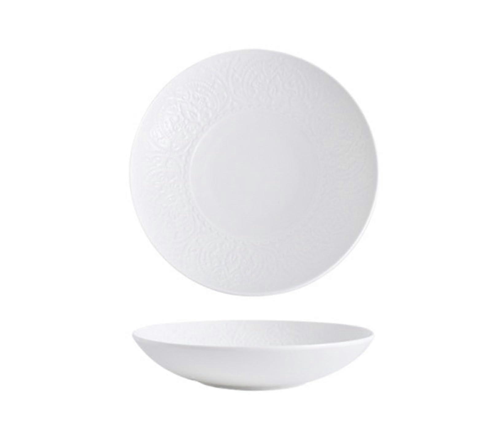 White Round Ceramic Dinner Plate Lace Embossed Deep Steak Plate Microwave Safe