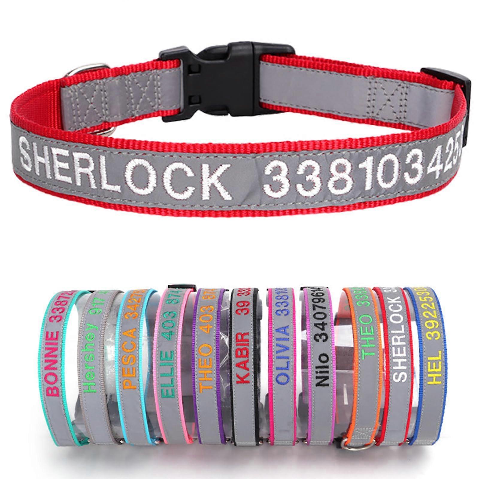 Reflective Dog Collar with Name and Phone Number, Adjustable Quick Release, Red S