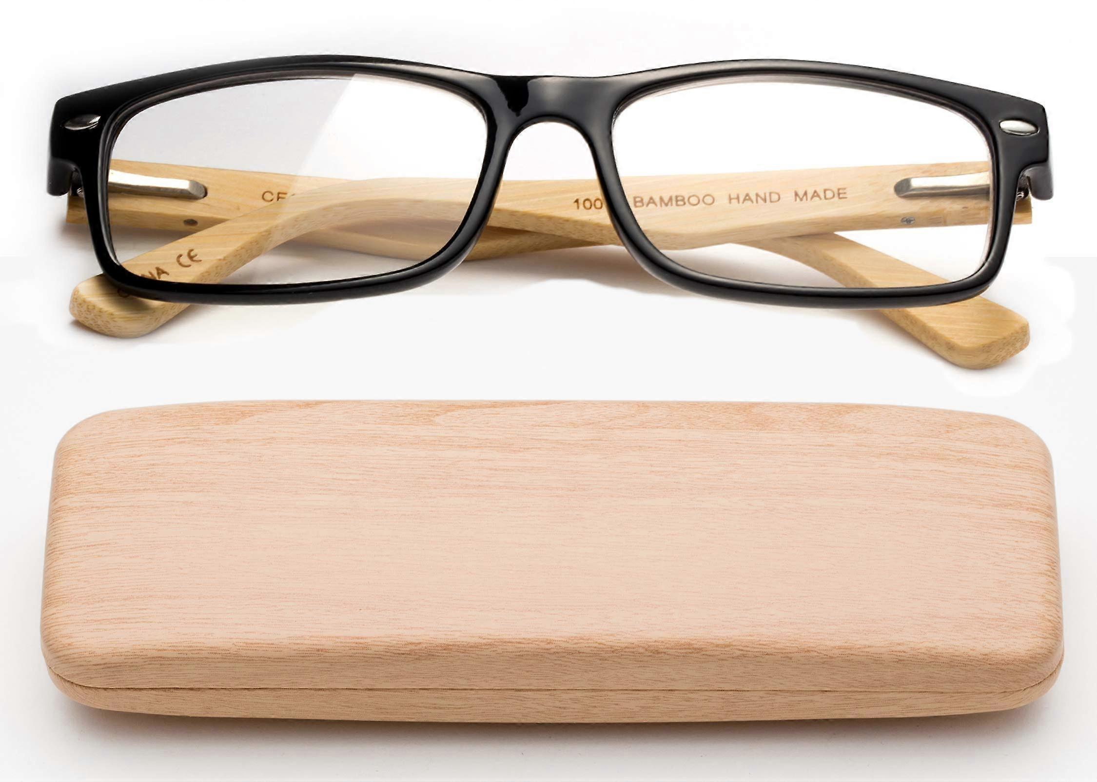 Bamboo Reading Glasses 3.00X Black Rectangular Frame with Spring Hinge and Case