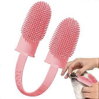 Dog Toothbrush with 360° DualSide Cleaning, Soft Silicone TwoFinger Design for Pets, Pink