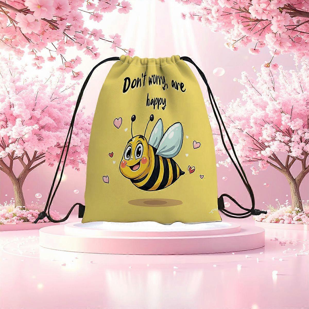 2D Flat Drawstring Bag, Bee Pattern Drawstring Backpack - Large Capacity Foldable Backpack, Playful Bee with Heart And W-Cqazw