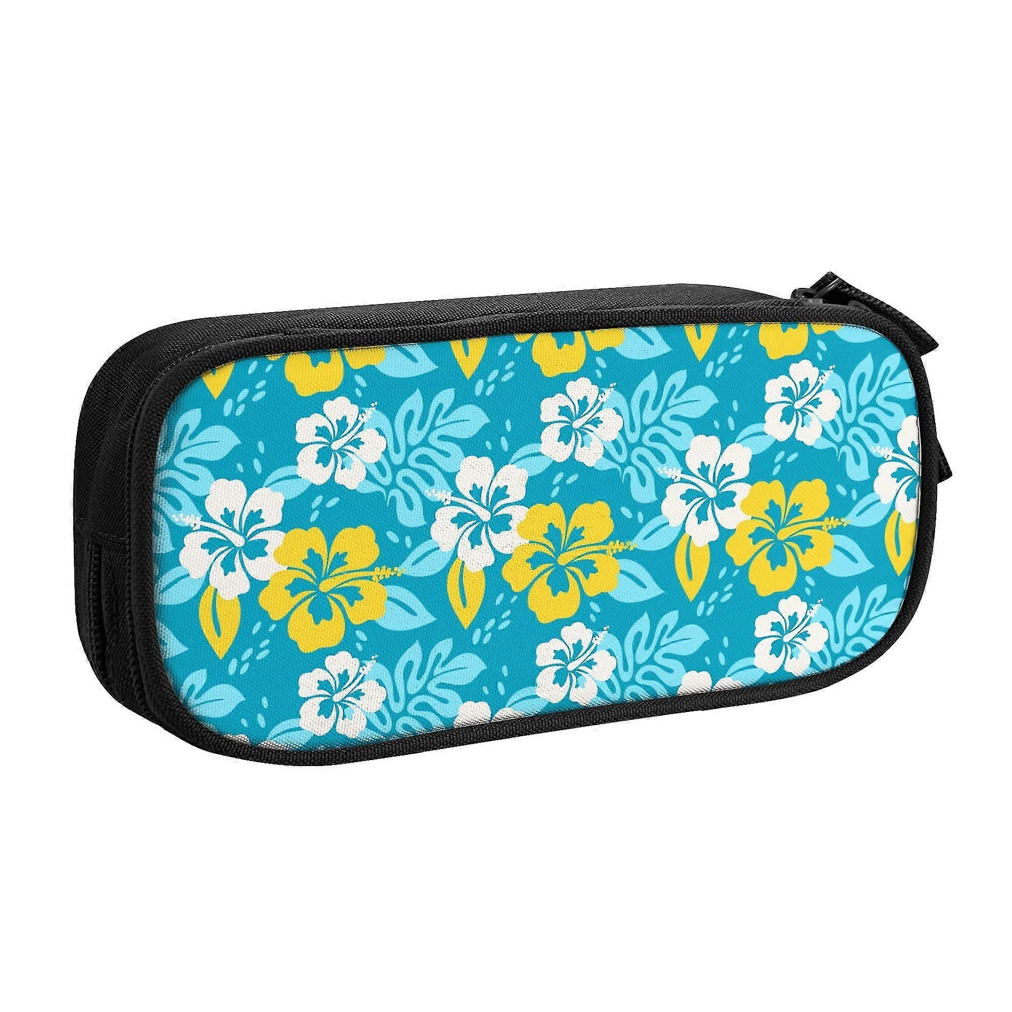 N1919 TEQUAN Estojo de Lápis de Grande Capacidade, Azul Flores Havaianas Padrão Bolsa para Lápis 2 Compartimentos d1919