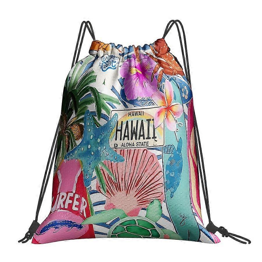 Mochila com estampa de palmeiras tropicais havaianas e prancha de surfe (1 unidade) - Resistente e macia - Ideal para viagens, caminhadas e academia - Fecho com cordão e Pra-Fqazw