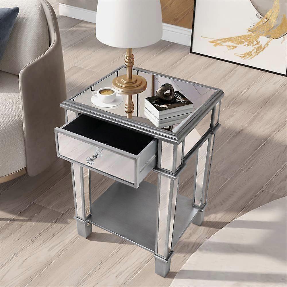 Luxury Silver Mirrored Side Table Drawer Sofa Side Bedside Nightstand