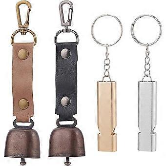 Pet Pendant Decorations Sets including 2Pcs Aluminum Alloy Double Frequency Whistles 2Pcs Iron Bells with PU Leather Webbing