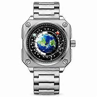 Men's Square Quartz Watch White Steel Black Dial Blue Planet Map Student Concept JY