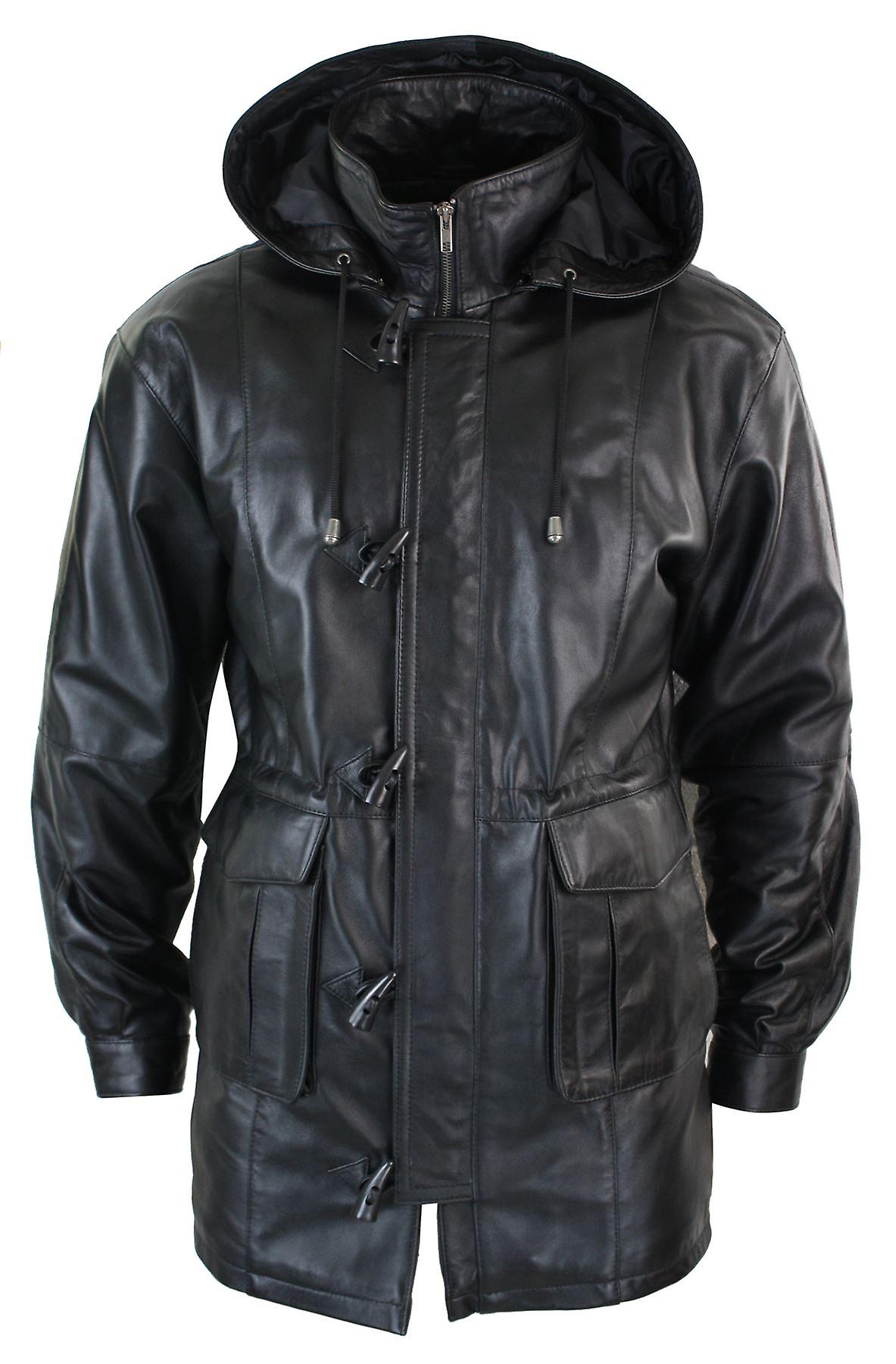 Mäns 3/4 lång duffeljacka i äkta läder Coat Safari avtagbar huva Classic