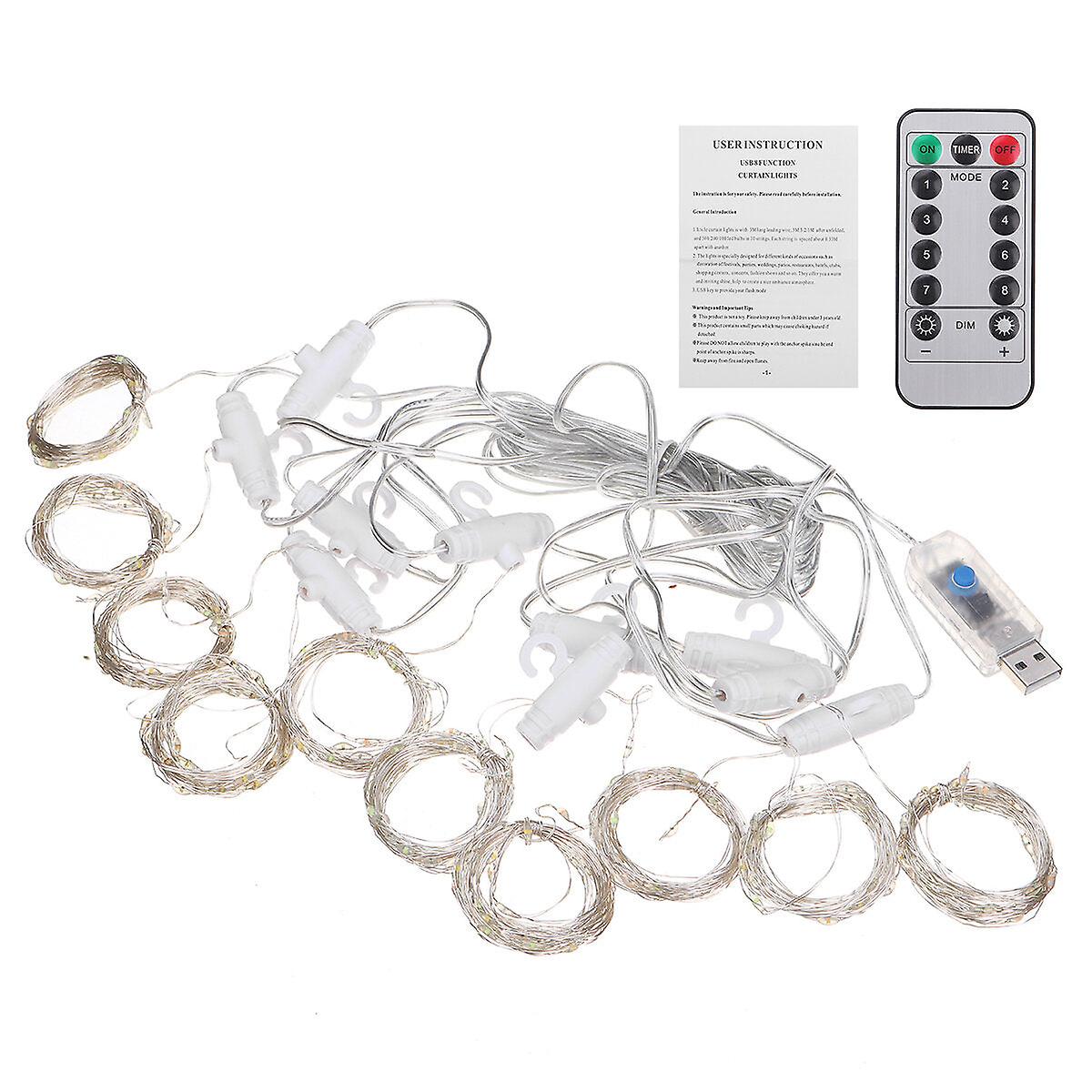 3X3m Waterproof Usb 300 Led Window Curtain String Light, 8 Modes, Outdoor Fairy Lamp, Home Decor With Hook