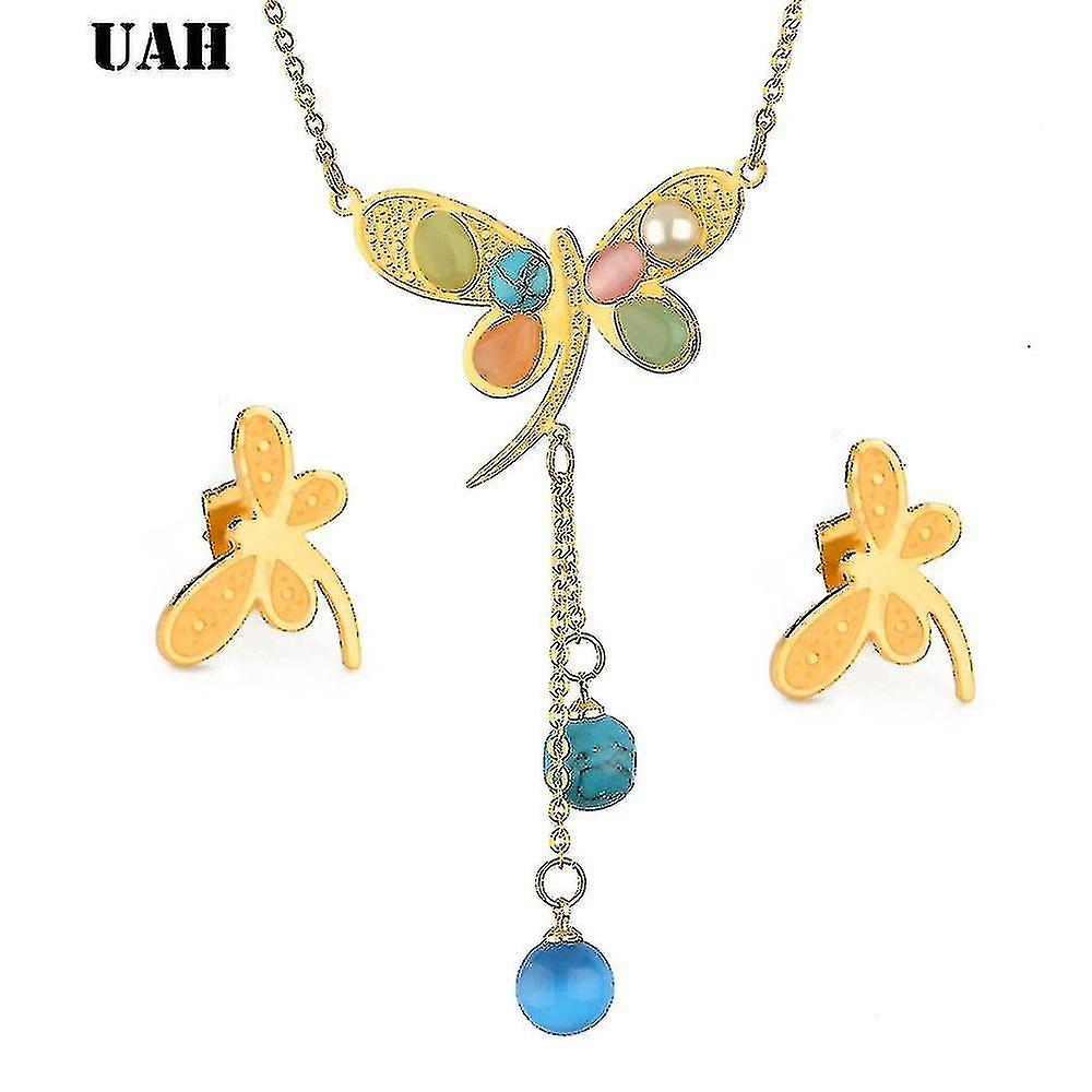 UAH סט תכשיטים מצופה זהב לנשים חתונה יוקרתית כלה ריינסטון סט תכשיטי אבני חן סט עגילי שרשרת שפירית