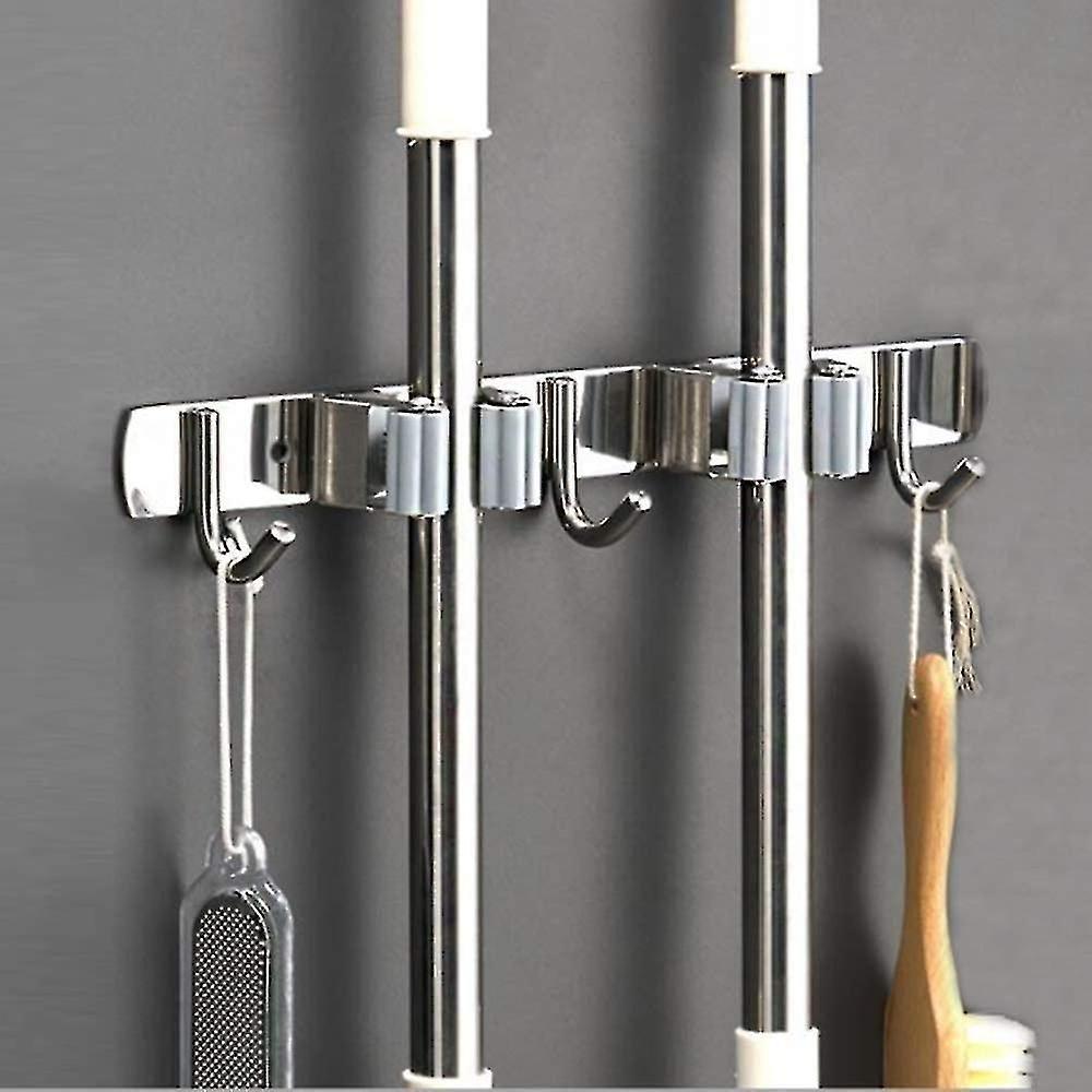 Wall-Mounted Broom and Mop Holder with Device Storage