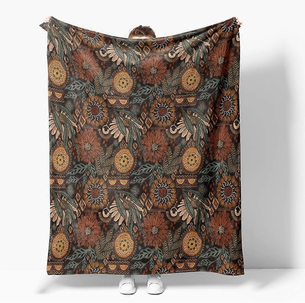 Boho Vintage Floral Print Blanket,Rustic Soft Flannel Lightweight Blanket,Brown/PeachPuff/Green Botanical Throw Blanket for Living Room Sofa Decor,Gif