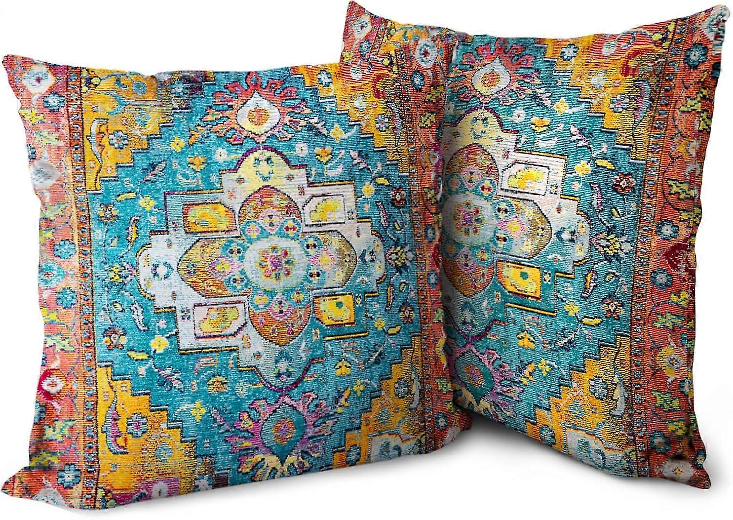 Boho Orange Blue Throw Pillow Covers 18x18 inch Set of 2, Bohemian Carpet Double Sided Pattern Soft Plush Cushion Cover for Couch Sofa Bed Decorative,
