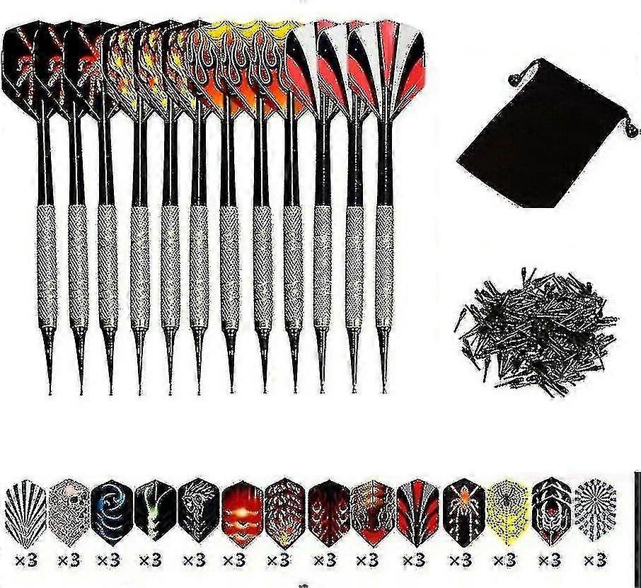 Darts Sets, 12 Packs Soft Darts mit Soft Tip Points für elektronische Dartboards mit extra 42 Dart Flights und 100 schwarzen Plastik Dart Tips