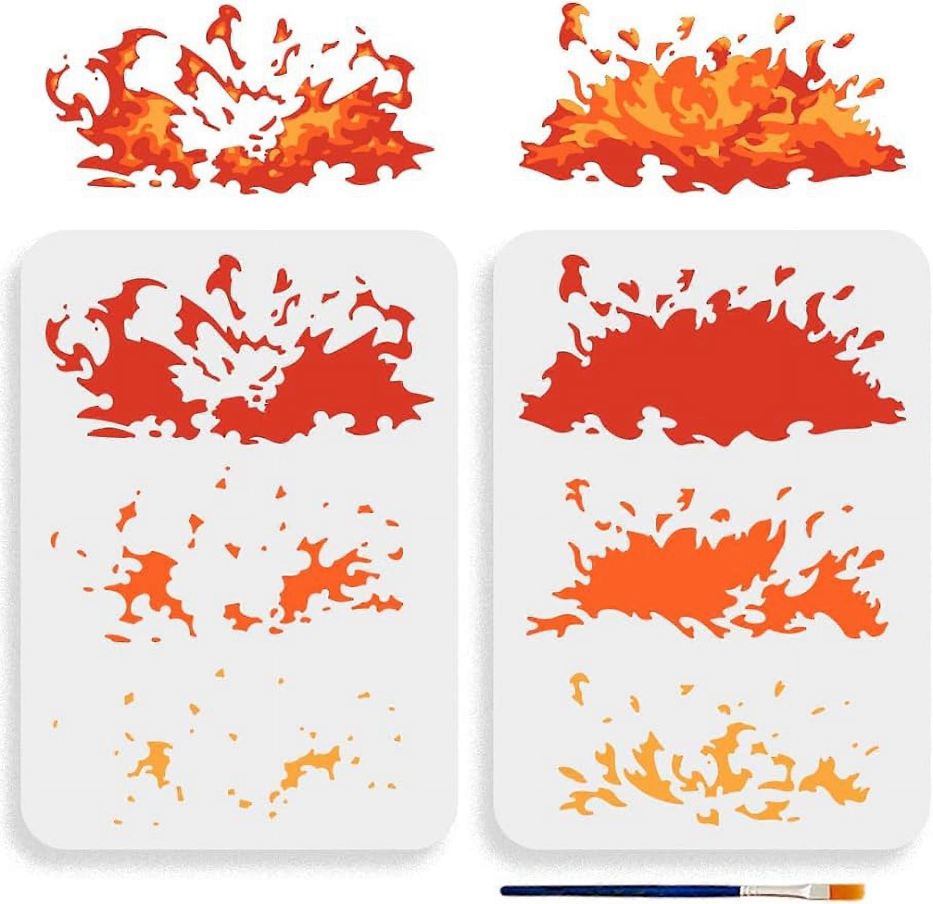 2pcs Layered Flame Stencil A4 Size Fire Stencil Template with Paint Brush Reusable Raging Fires Drawing Templates