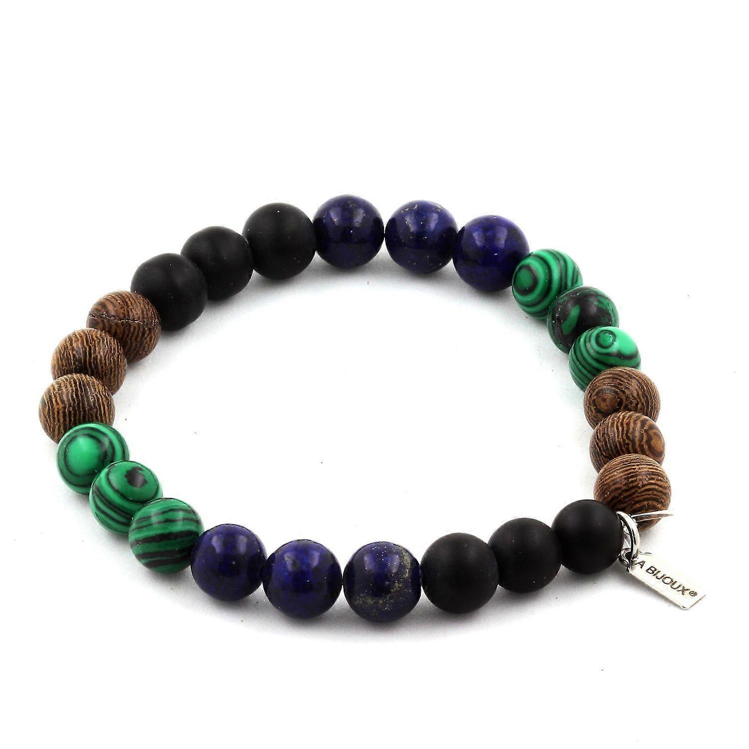 Lapis Lazuli Beaded Bracelet + Malachite + Matte Black Onyx + Wood 8 mm