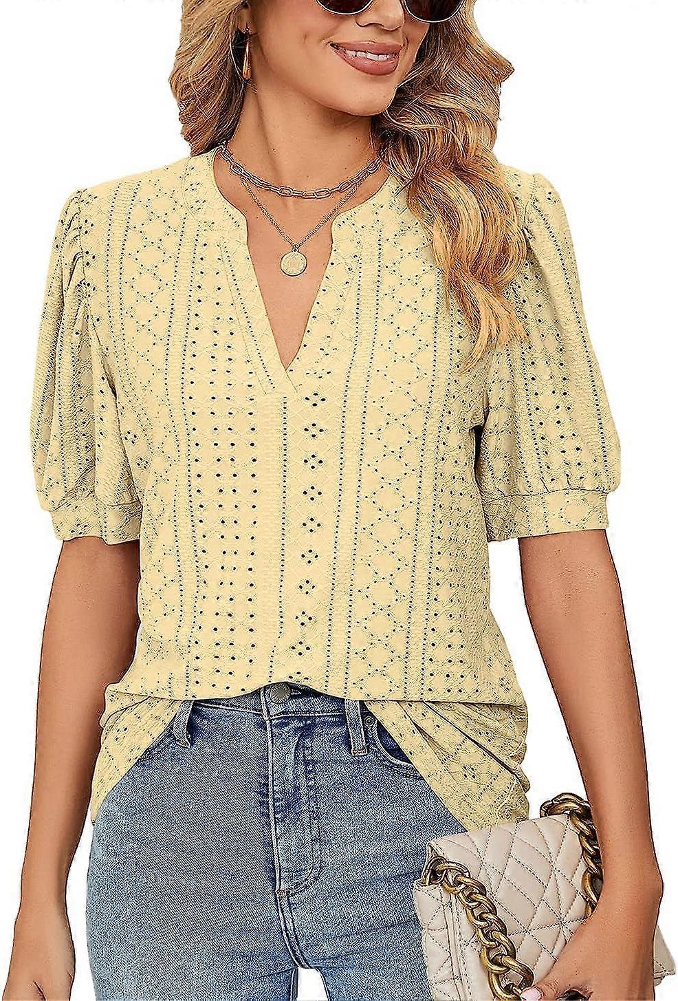 بلايز الصيف للمرأة ، V الرقبة كشكش الأكمام البلوزات ، قصيرة الأكمام عارضة قمم تي شيرت