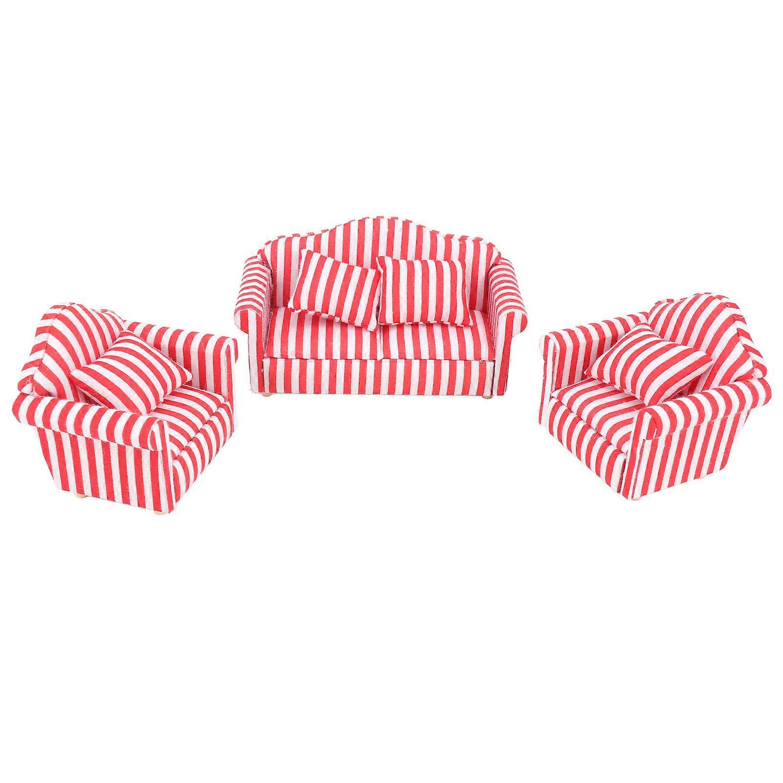 3Pcs Dollhouse Sofa Set Pine Cloth Double Sofa 2 Single Sofa Light Color Strip Miniature Sofa for 1:12 Doll House Red