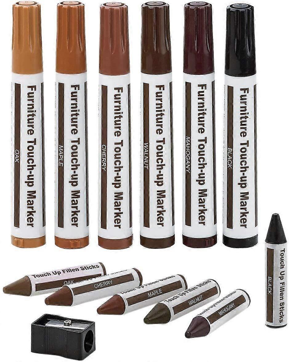 Furniture Repair Kit Wood Markers - Set of 13 - Markers and Wax Sticks with Sharpener Kit, for Stains, Scratches
