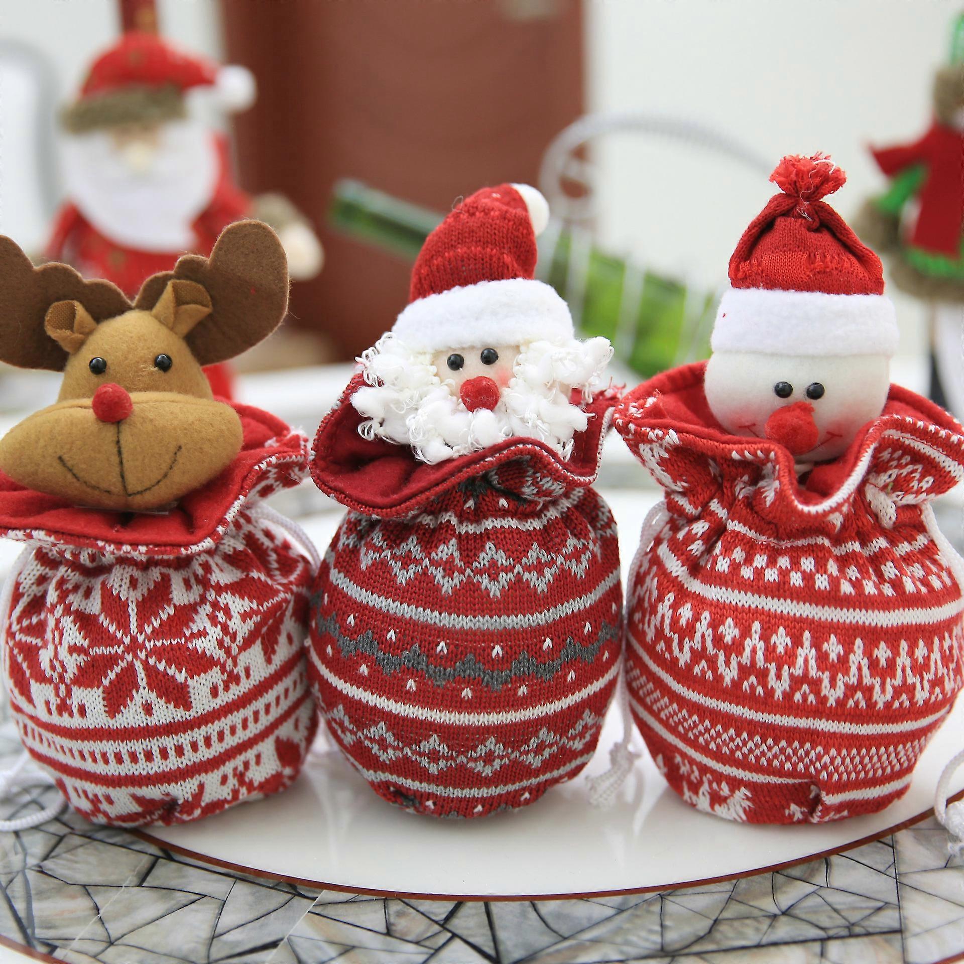 3pcs Christmas Candy Bag Knit Drawstring Gift