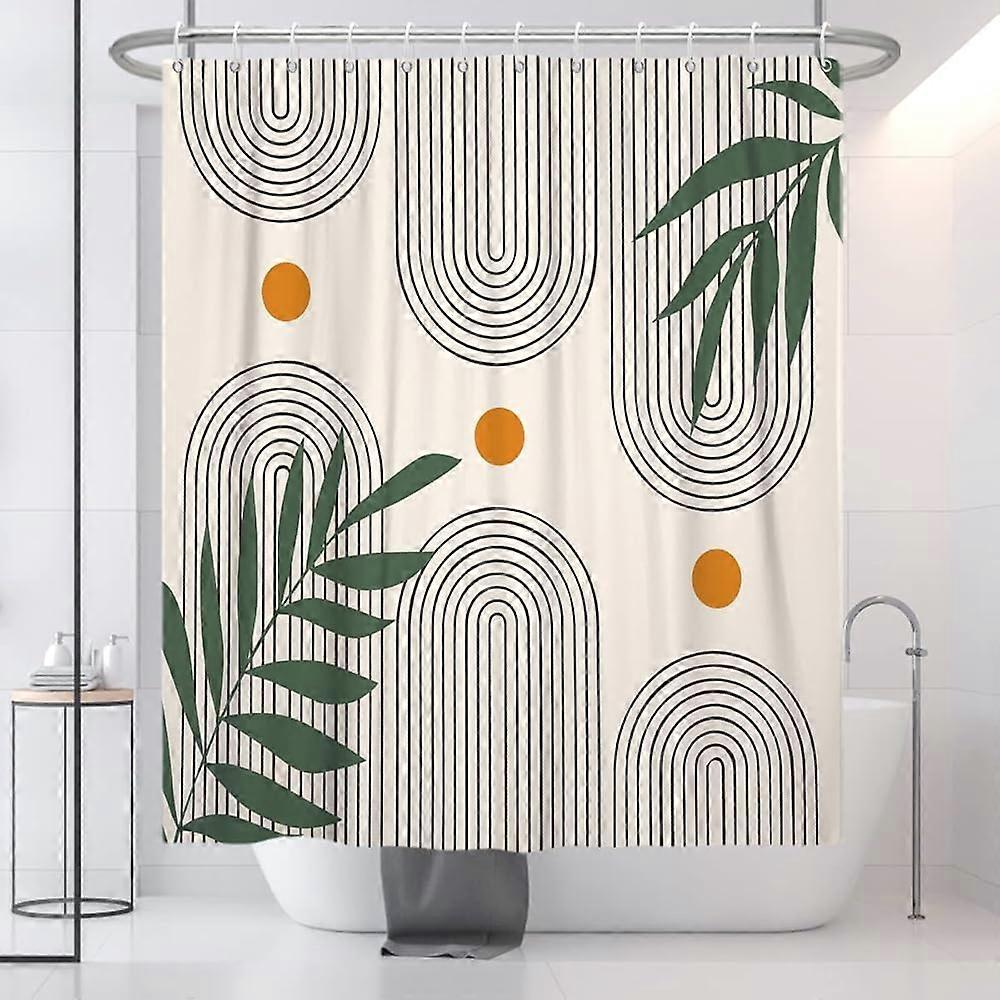 バスルーム用のモダンな抽象的なミッドセンチュリーシャワーカーテン太陽ミニマルな曲線レインボーアーチプリントベージュの幾何学的なテラコッタニュートラル自由奔放に生きる生地の装飾