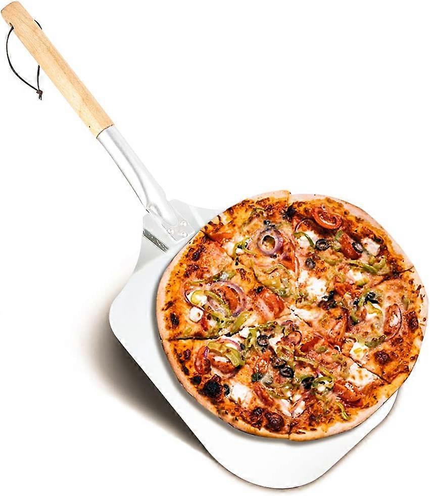 Pizza pusher, aluminum pizza peel, pizza peel, pizza peel with a large surface, practical wooden handle, easy to store, convenient to use, suitable fo