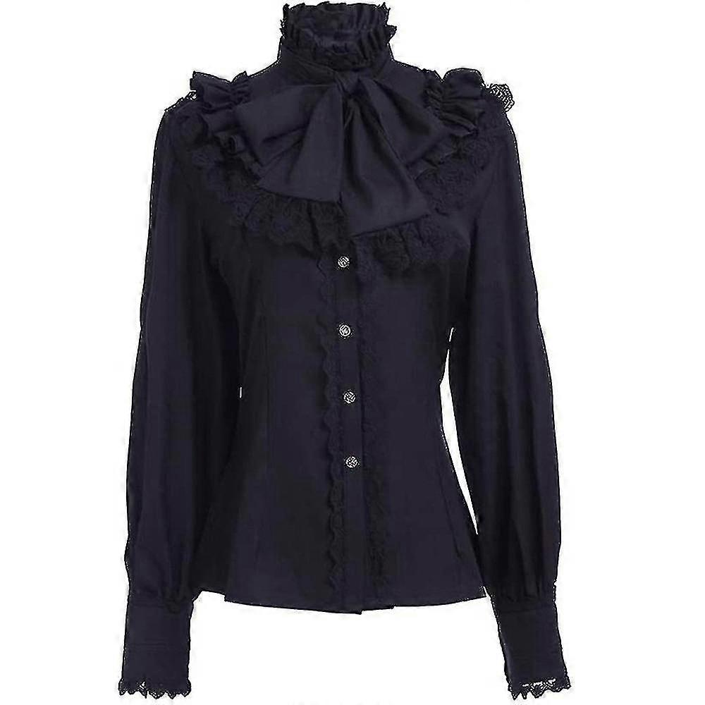 Women's Victorian Blouse Vintage Stand-up Collar With Ruffles Long Medieval_Apr