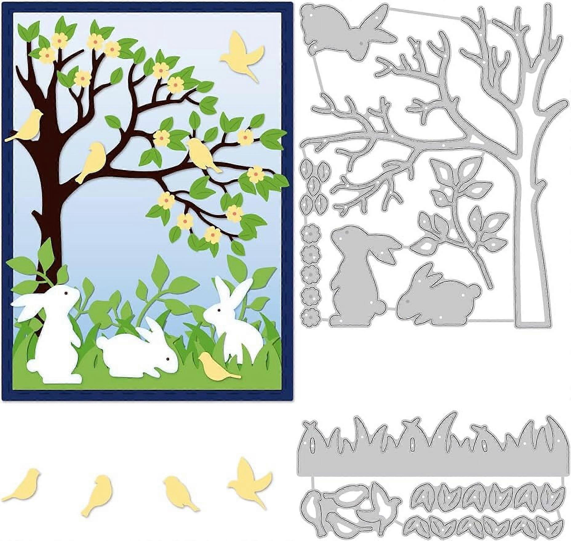 2 Styles Spring Theme Cutting Dies Stencils Easter Rabbit Tree Birds Carbon Steel Embossing Stencil Cut Stencils for DIY Scrapbooking Photo Album Deco