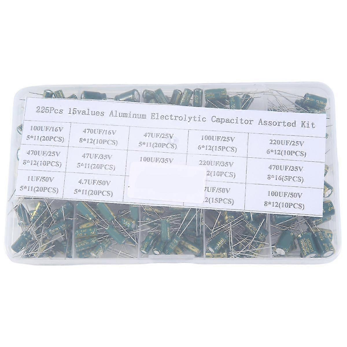 225pcs Aluminum Electrolytic Capacitor High Frequency Inline Kit 15 Kinds Of Specifications Resistance Value