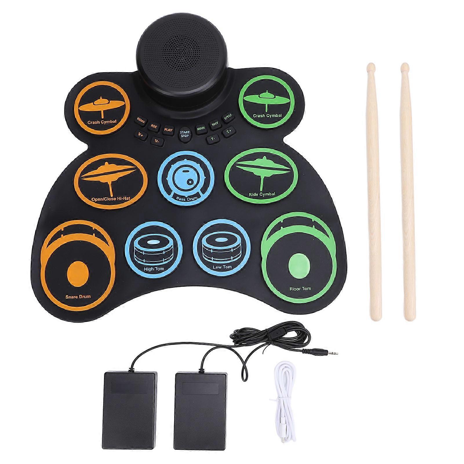 Electronic Drum 9 Pads Drum Practice Pad with Headphone Jack Roll Up Drum Pad Built in 2pcs Speaker Drum Pedals and Drumsticks for Kids