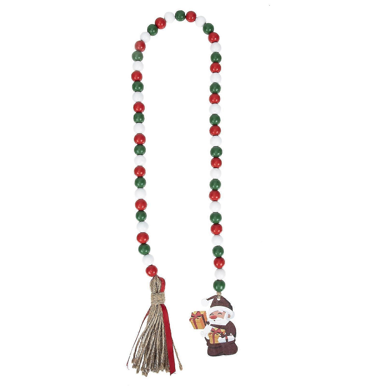Xmas Themed Wooden Hanging Bead Decor Beads Garland with Tassel Wall Hanging Bead String Z