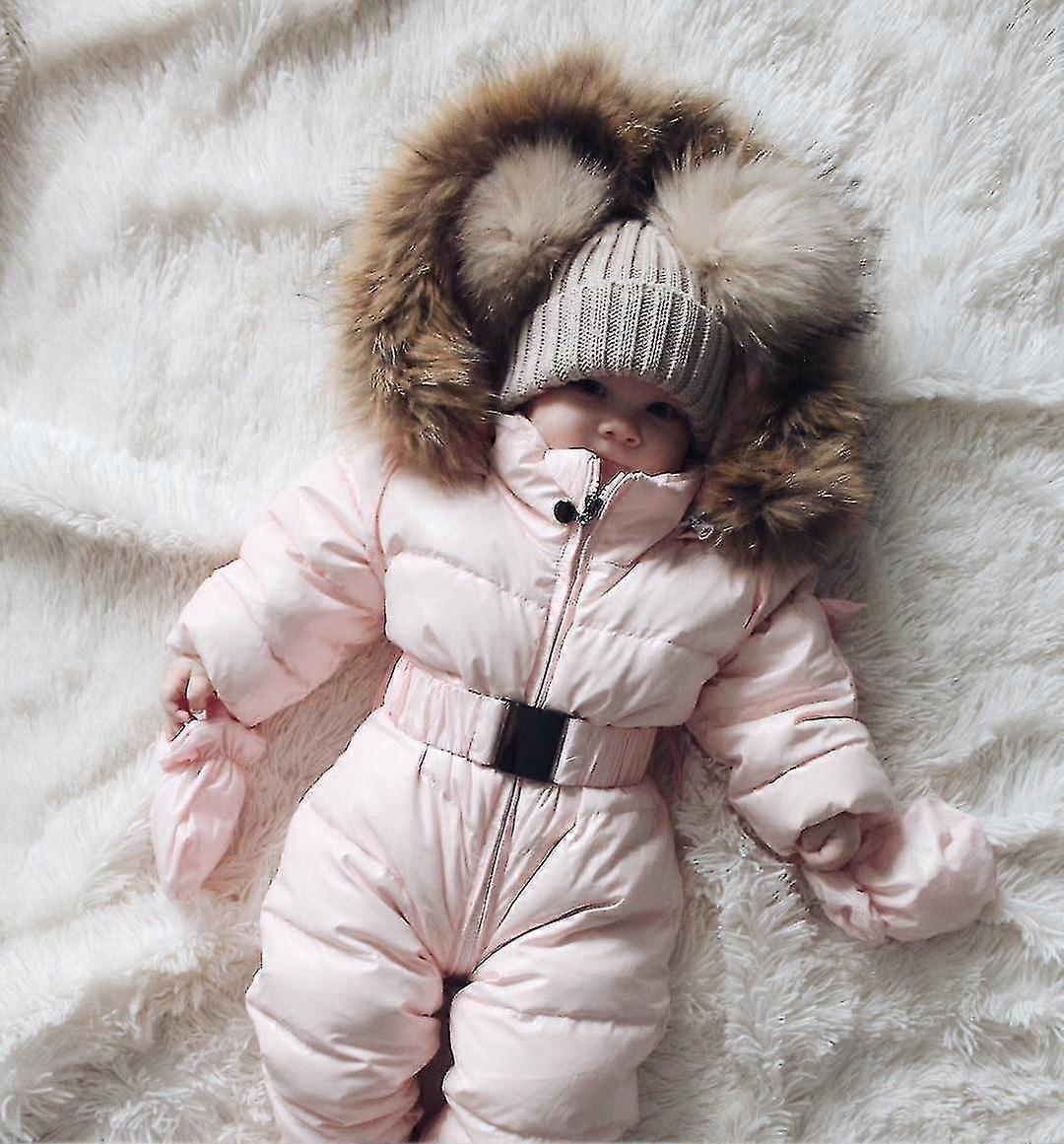 Unisex babyjumpsuit med huva för 0-24 månader pojkar flickor jumpsuit med pälskrage