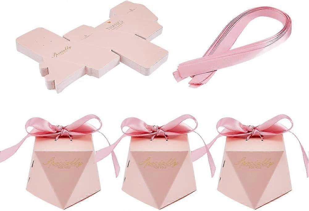 50 Sets Diamond Shape Candy Boxes Floding Cardboard Candy Boxes with Pink Ribbon and Gold Stamping Word Thanks Small Gift Boxes for Wedding Birthday P