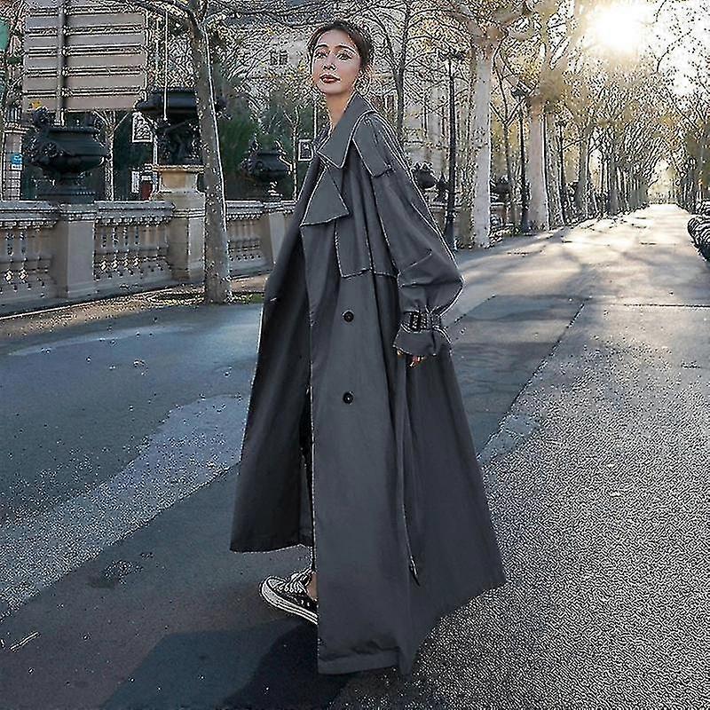 Kadın Trençkot Gevşek Büyük Boy Uzun Ceket Çift göğüslü Kemerli Bayan Pelerin Gri Rüzgarlık