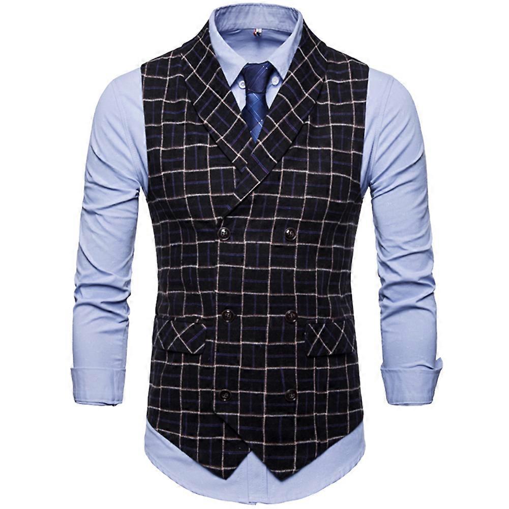 Men Plaid Pattern Single-breasted Sleeveless Formal Waistcoats Dress Suit Vest (Black 2XL)
