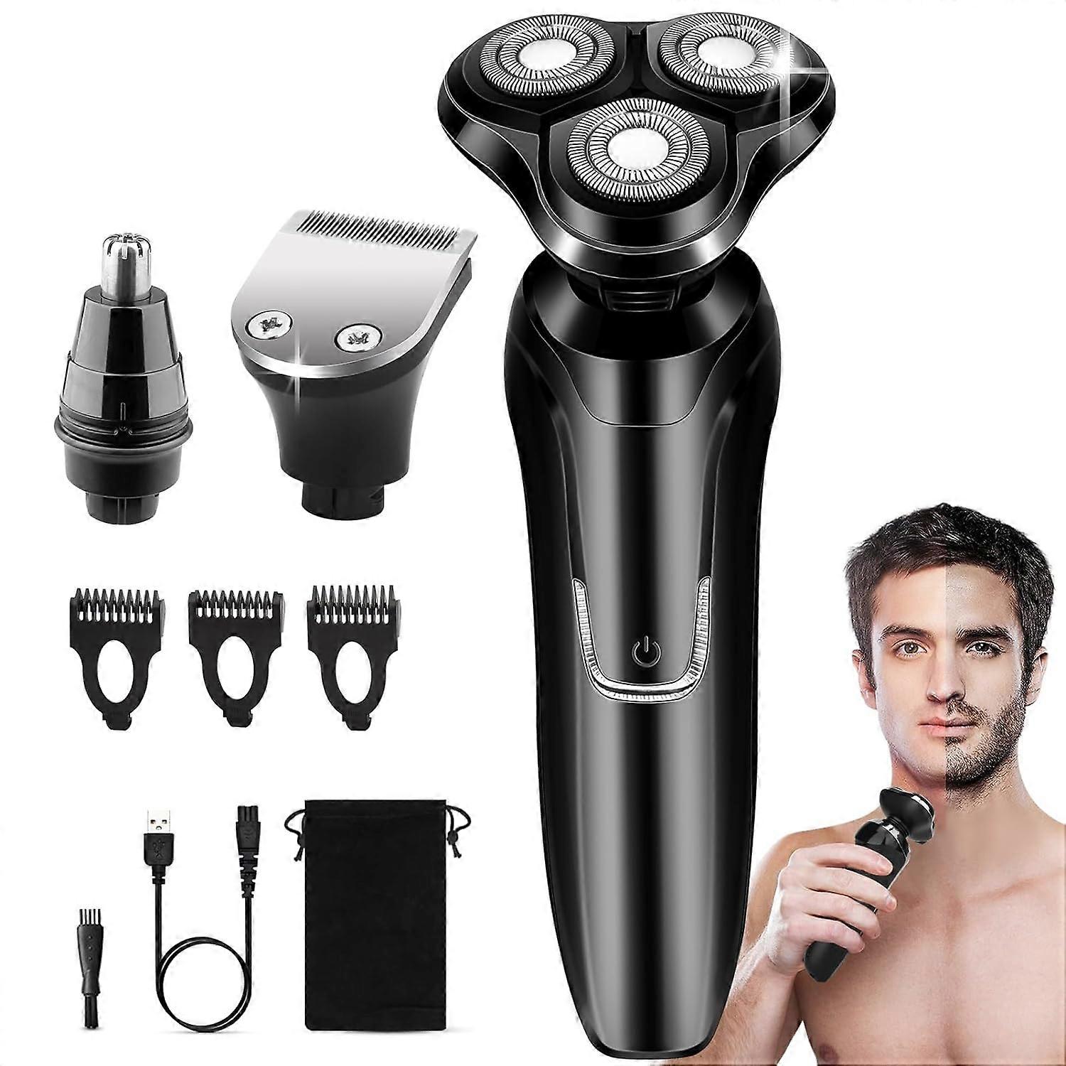 Black Electric Shaver with Floating 3-Head & Trimmer Attachments