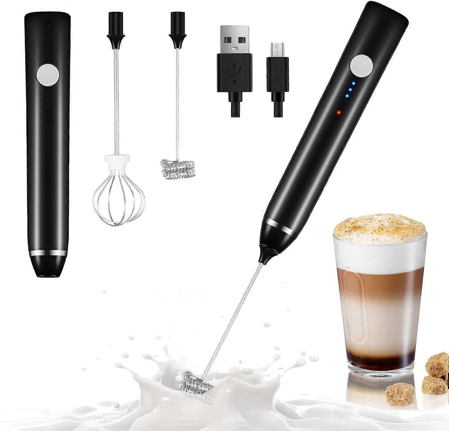 USB Rechargeable Handheld Milk Frother, 3 Speeds Electric Foam Wand with 2 Whisks for Coffee, Latte, Cappuccino