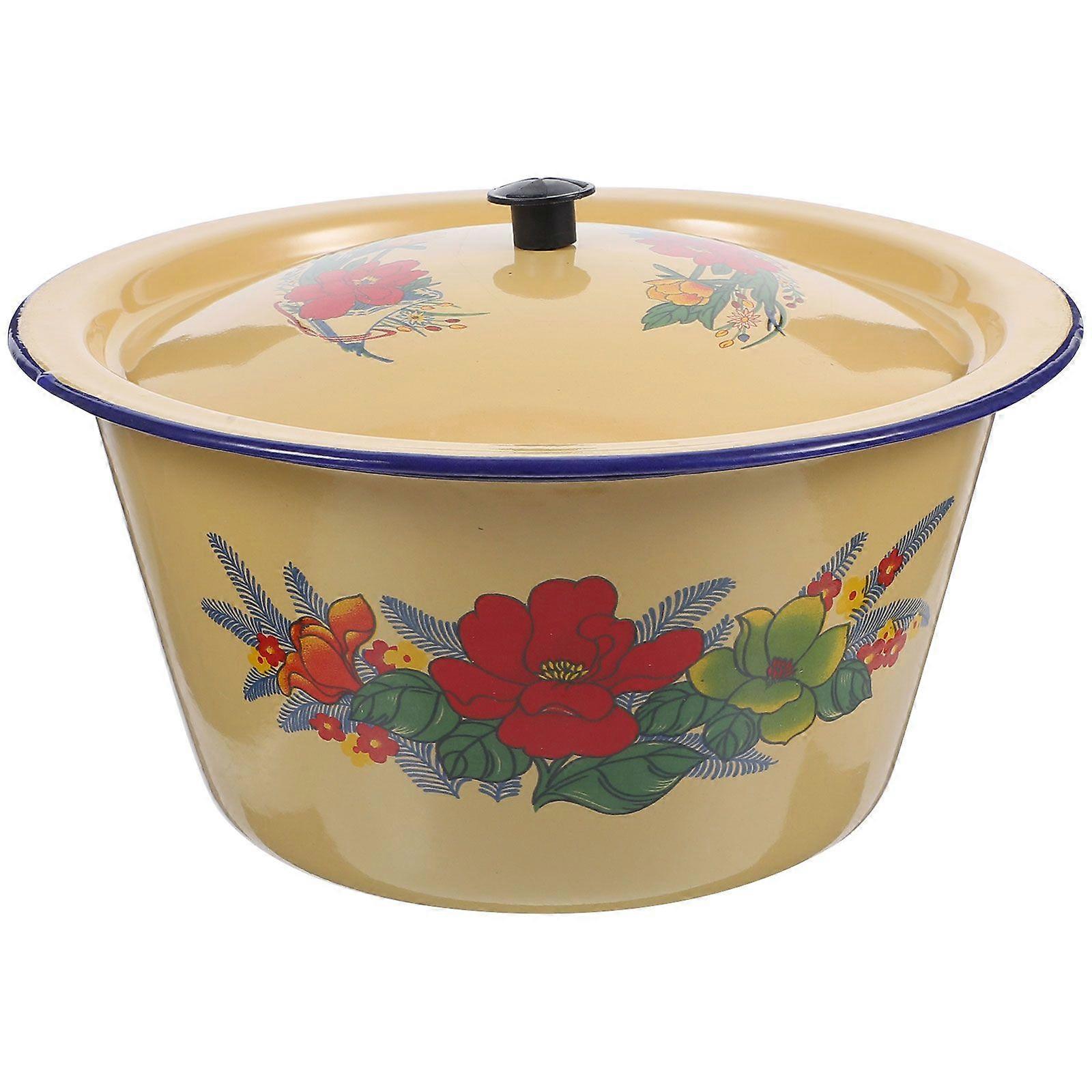 1Pc Retro Washing Basin Old-type Enamels Basin with Cover Enamels Soup Basin