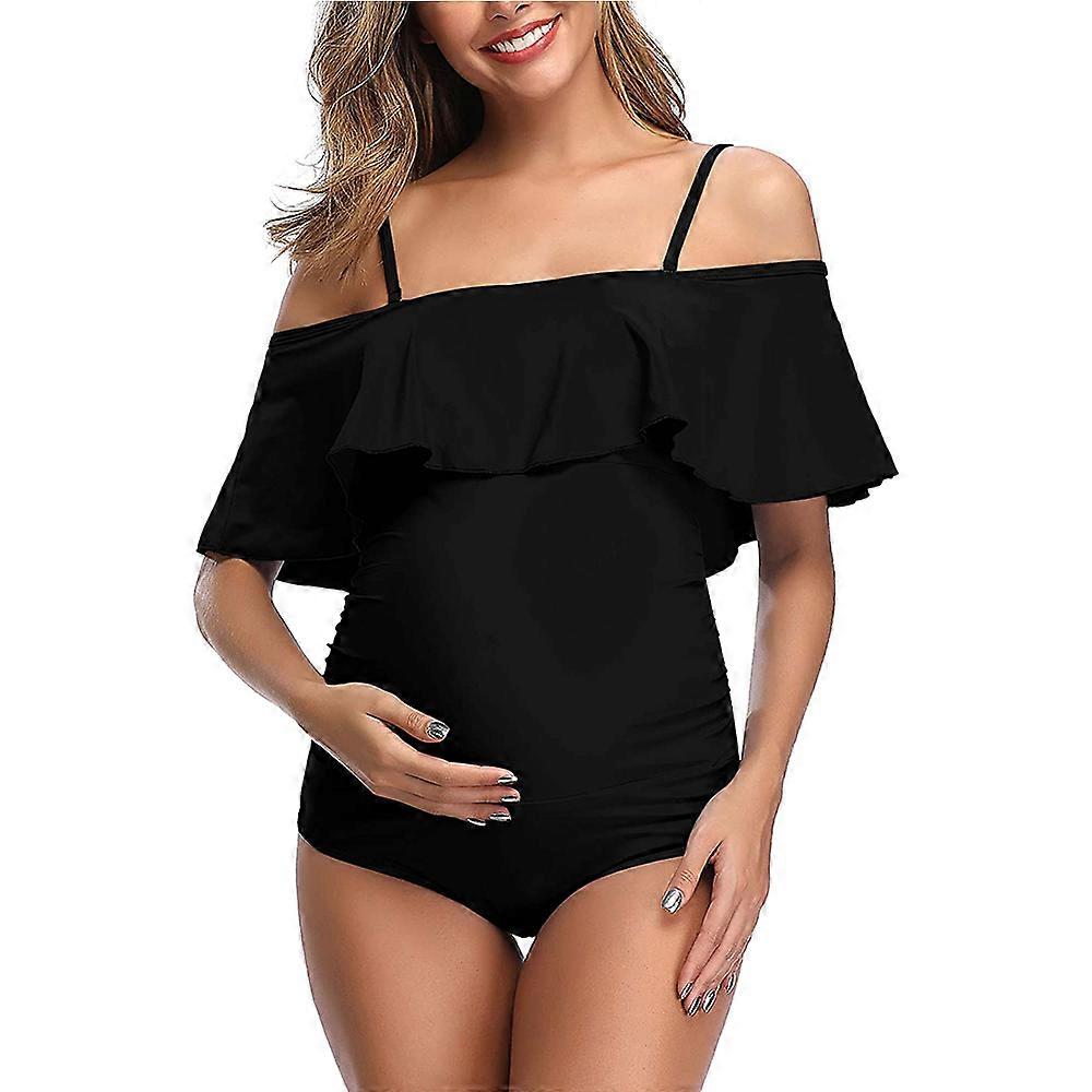 Floral Maternity One Piece, Off-Shoulder With Ruffles, Lemon Green & Flower Brown, Designed With Adjustable Straps And Removable Cups, Ideal For A