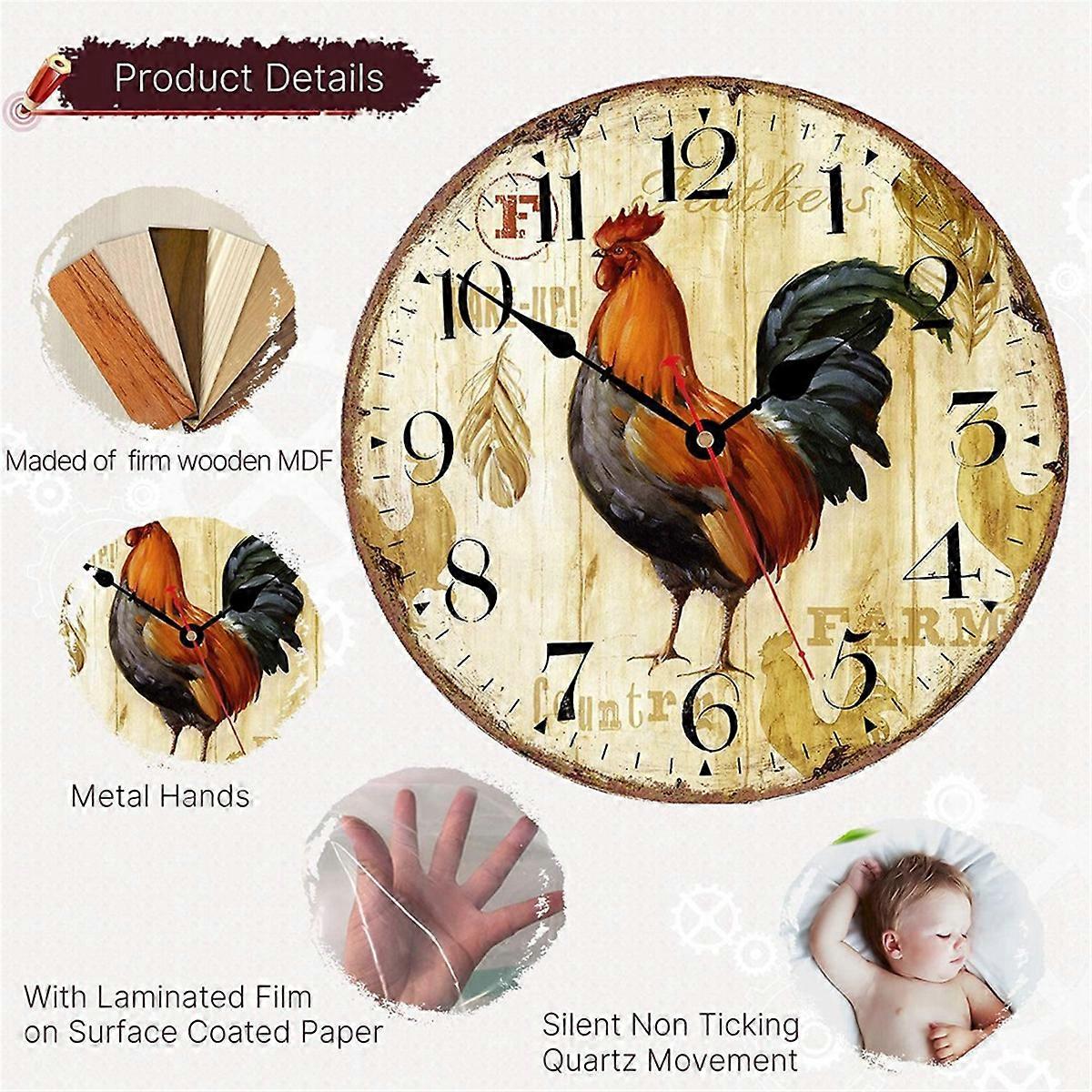 12 Inch Rustic Rooster Silent Non Ticking Wall Clock