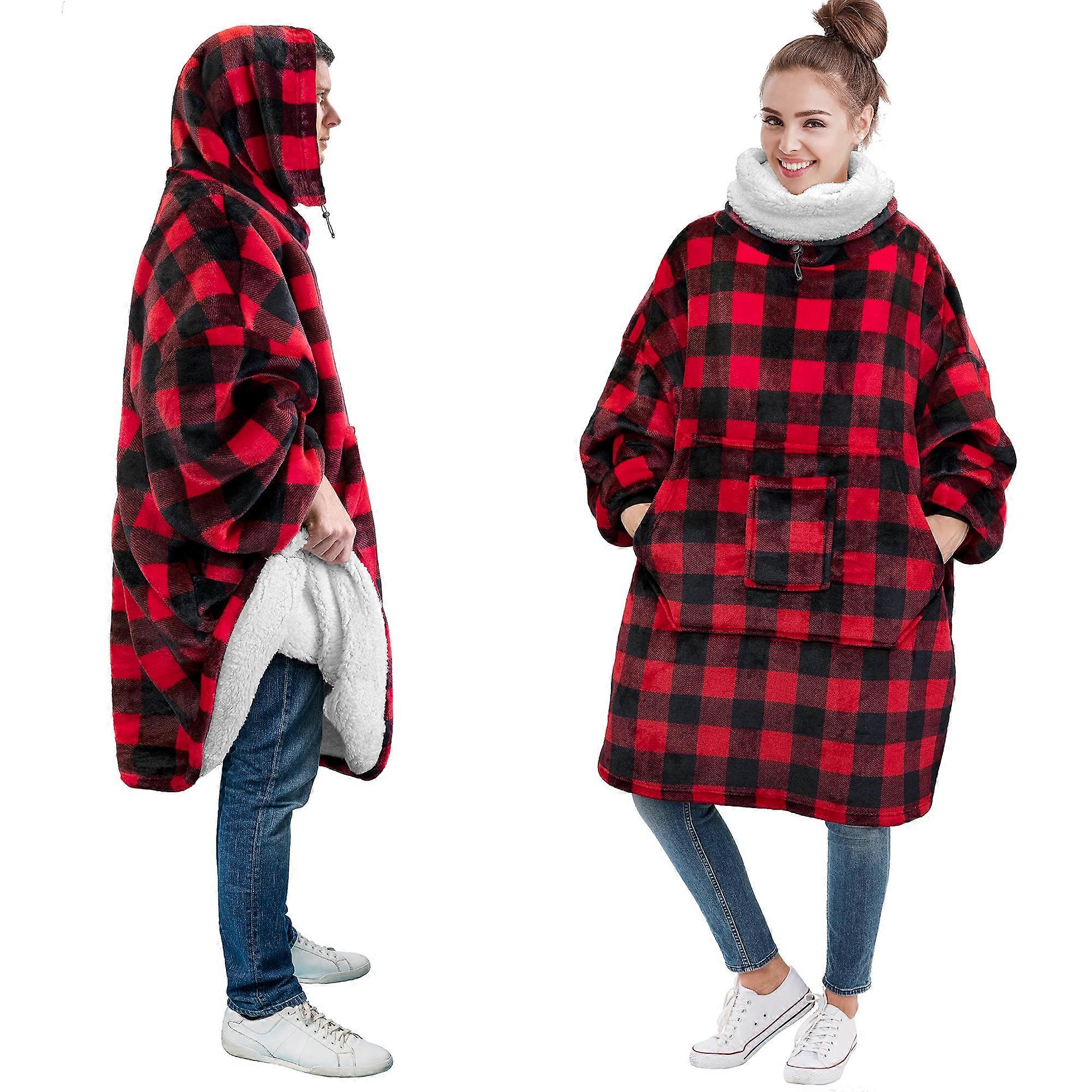 كبير الحجم سميكة دافئة دافئة أفخم مدقق أحمر يمكن ارتداؤه بطانية هوديي النوم جراب الكبار هدية فكرة أمي