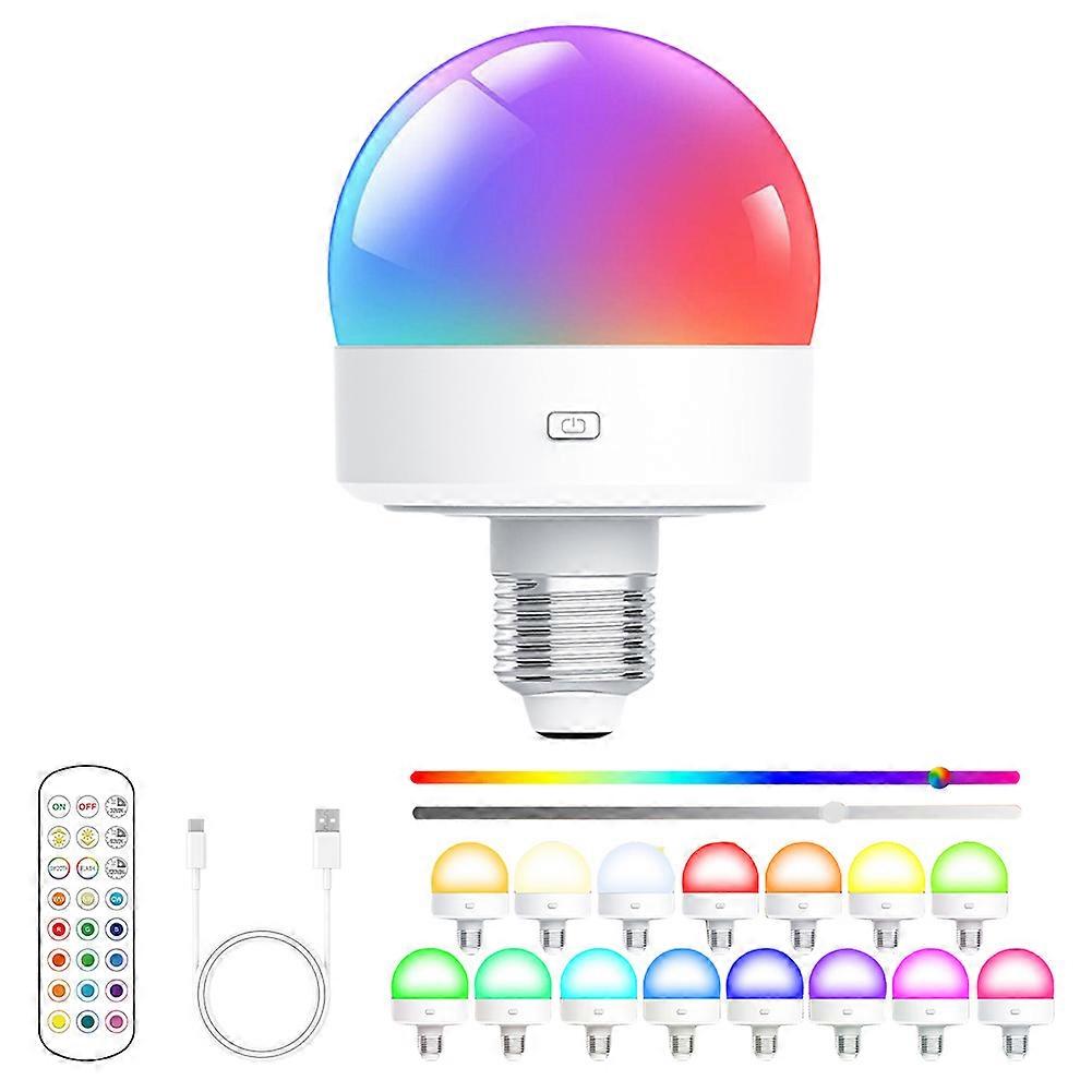 USB Rechargeable Light Bulb with Remote Control Timer Dimmable Easy to Install Battery Powered E27 Light Bulb RGB Lamp EU head