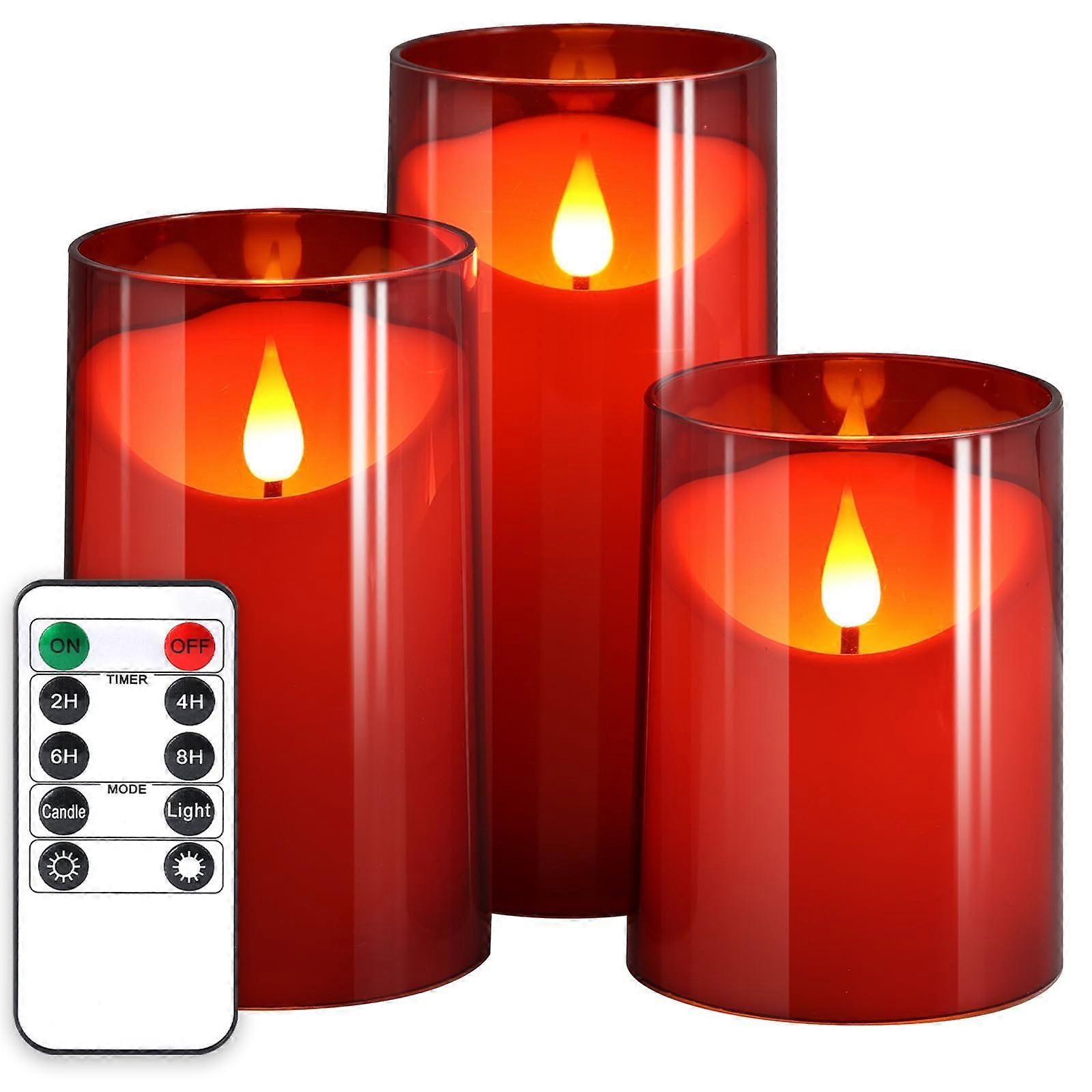 Flameless Candles with Remote Timer Red LED Column 3-Pack Battery-Operated Wedding Valentines Day Christmas Decor