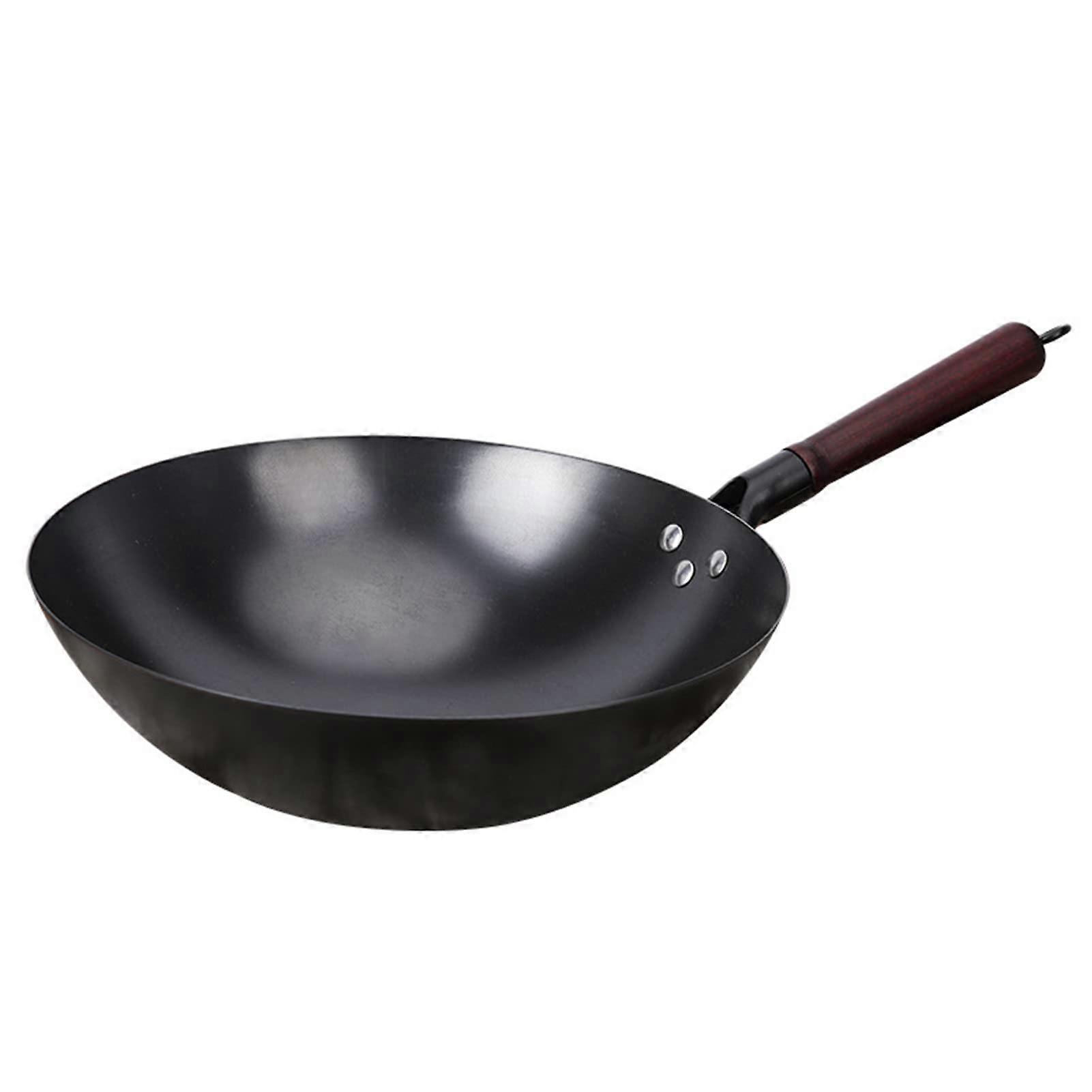 Chinese Hand Hammered Iron Wok 34cm Round Bottom Uncoated Cast Iron Stir Fry Pan with Wooden Lid Non-Stick Cooking Pot