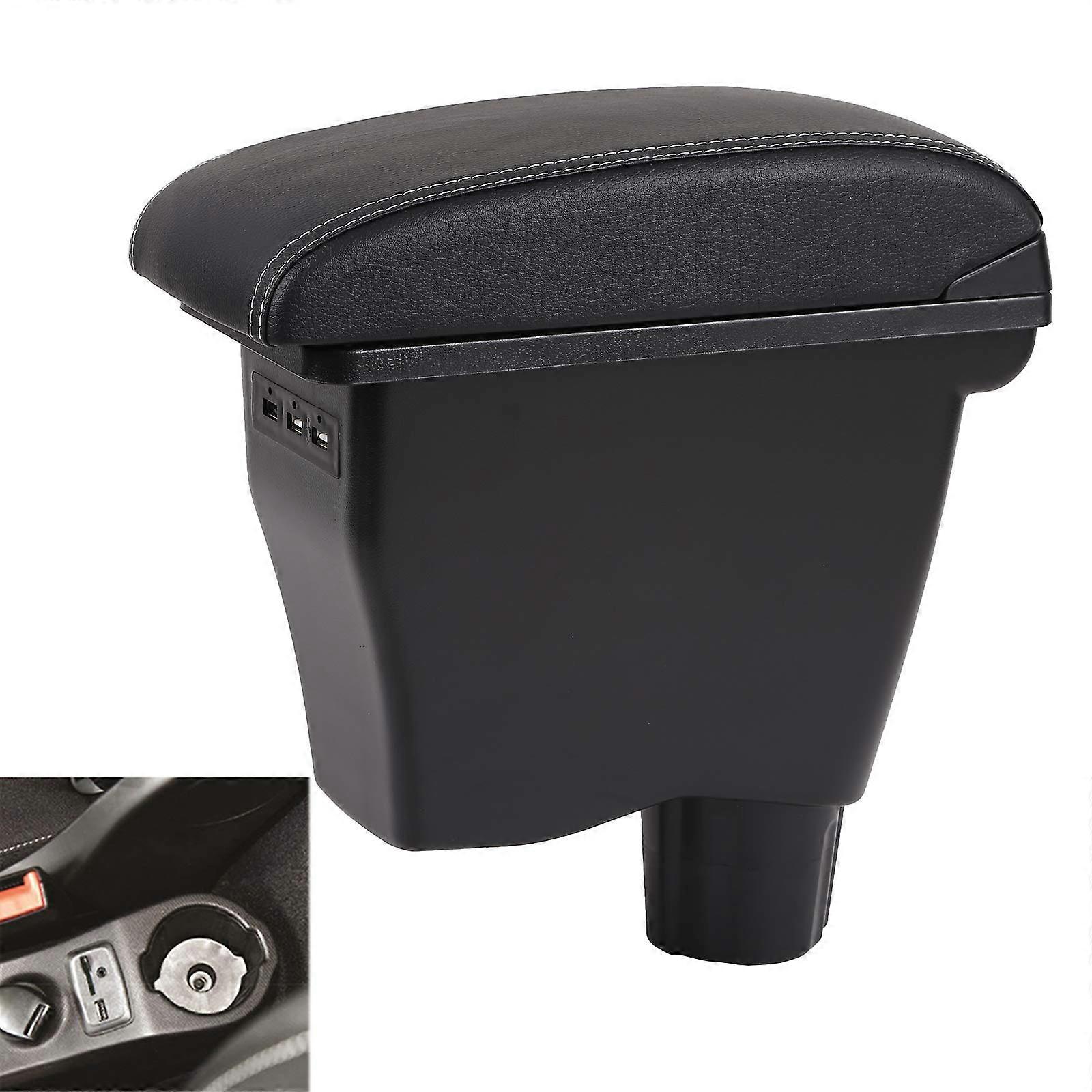 Double Layer Armrest Box for Smart 453 Fortwo Forfour 20142019 Car Interior Storage Center Console with 3 USB Port (Black with White Thread)