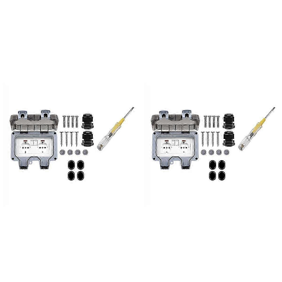 2X Outdoor Socket Waterproof Socket with Switch Indicator Light, Wall Socket Wet Room Surface-Mount